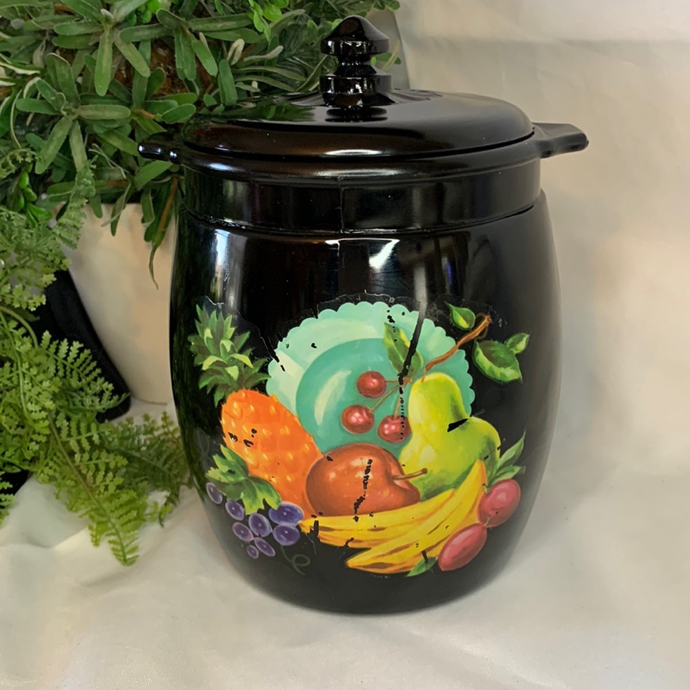 Vintage ebony black amethyst glass cookie jar / biscuit jar with fruit decal